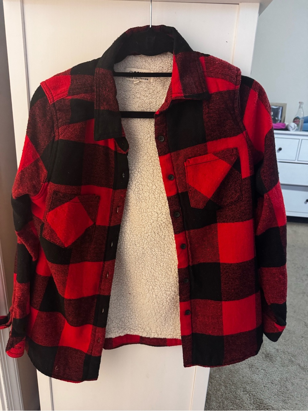 Red & Black Buffalo Plaid Sherpa-Lined Button-Up Shirt Jacket. Shacket